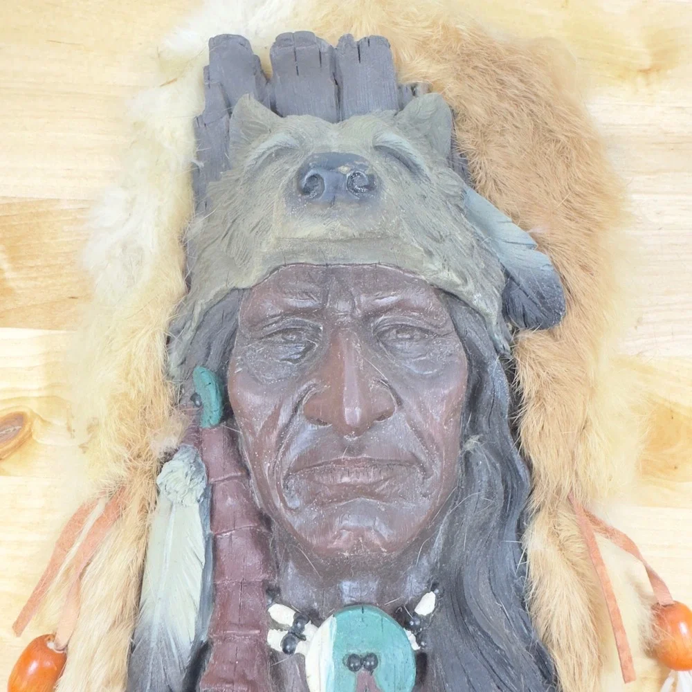 Native American Elder Wolf Headdress Wall Plaque Faux Fur Feather Decor 12in